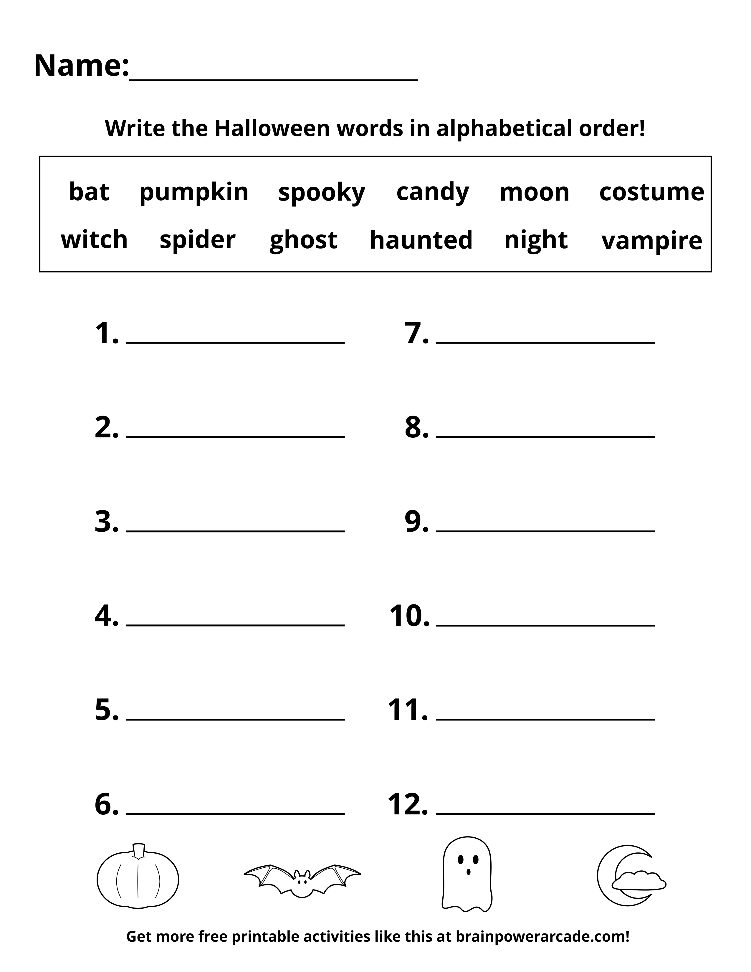 Write the Halloween Words in Alphabetical Order